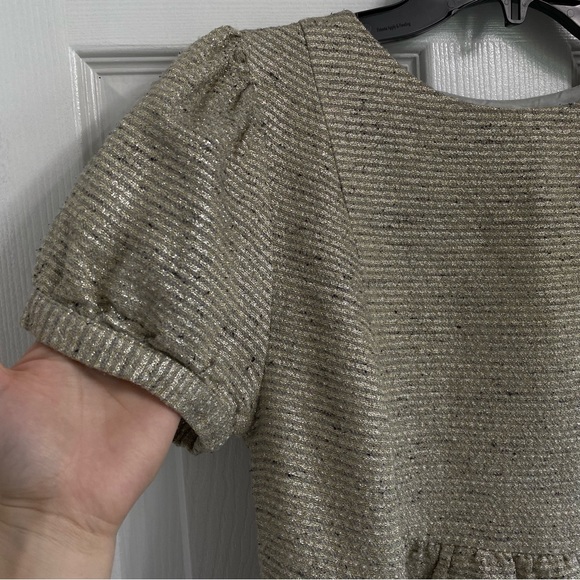 LOEFFLER RANDALL Tan Silver Metallic Puff Short Sleeve Snap Blouse - Picture 5 of 13